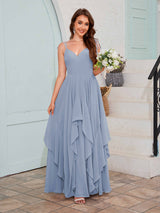 Bold V-Neck Spaghetti Straps Ruffles Chiffon Bridesmaid Dresses