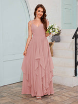 Bold V-Neck Spaghetti Straps Ruffles Chiffon Bridesmaid Dresses