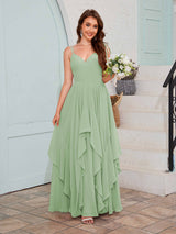 Bold V-Neck Spaghetti Straps Ruffles Chiffon Bridesmaid Dresses