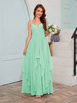 Bold V-Neck Spaghetti Straps Ruffles Chiffon Bridesmaid Dresses