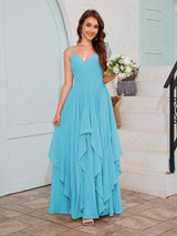 Bold V-Neck Spaghetti Straps Ruffles Chiffon Bridesmaid Dresses