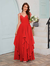 Bold V-Neck Spaghetti Straps Ruffles Chiffon Bridesmaid Dresses