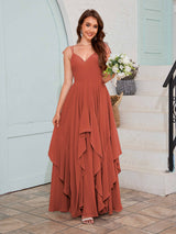 Bold V-Neck Spaghetti Straps Ruffles Chiffon Bridesmaid Dresses