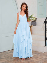 Bold V-Neck Spaghetti Straps Ruffles Chiffon Bridesmaid Dresses