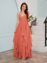 Bold V-Neck Spaghetti Straps Ruffles Chiffon Bridesmaid Dresses