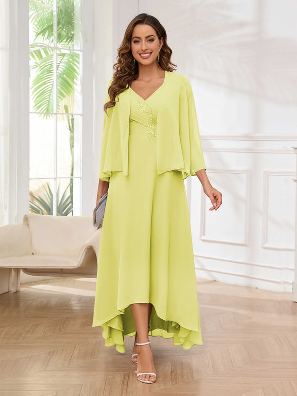 Daffodil Bold V-Neck Two Pieces Chiffon High-Low Mother Of The Bride Dresses