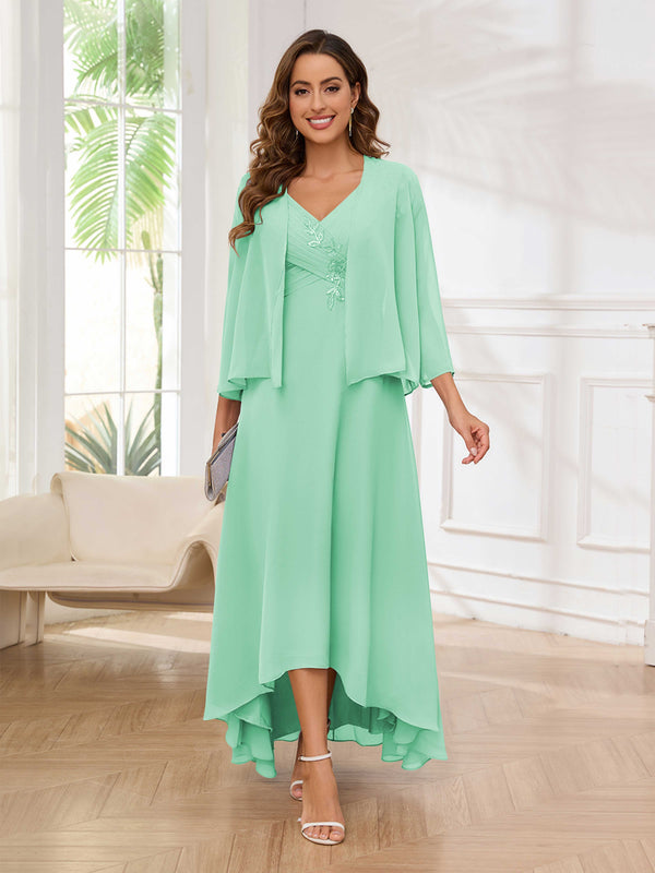 Mint Green Bold V-Neck Two Pieces Chiffon High-Low Mother Of The Bride Dresses