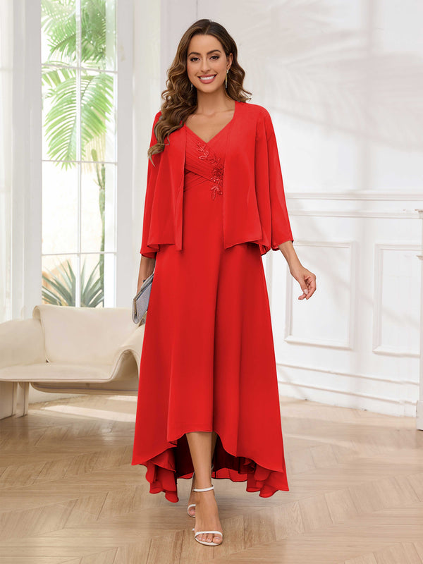 Red Bold V-Neck Two Pieces Chiffon High-Low Mother Of The Bride Dresses