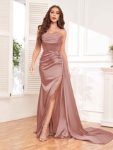 Breathtaking Mermaid Spaghetti Straps Sweep Train Satin Party Dresses