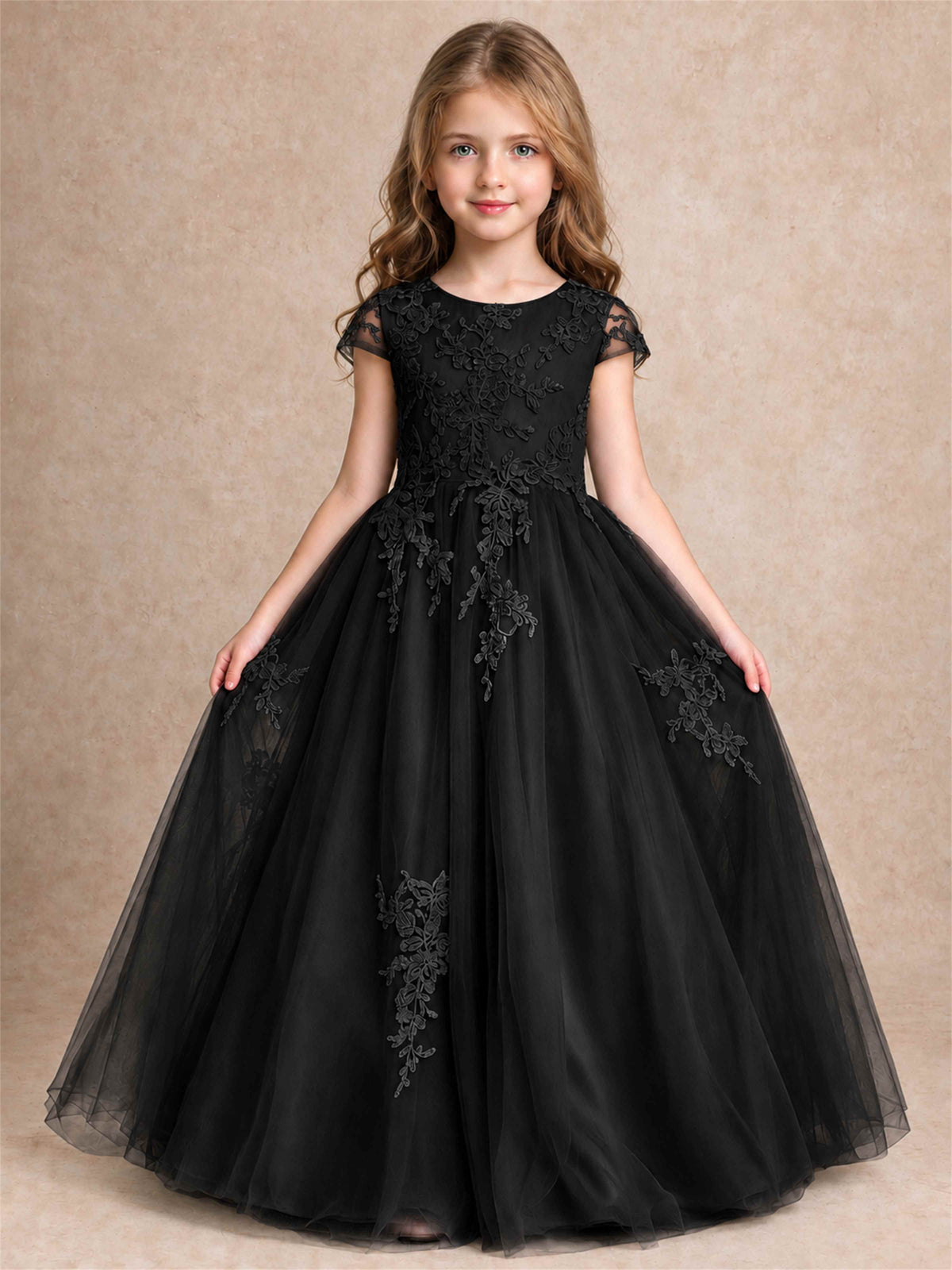 Cap Sleeve Lace Applique Tulle Flower Girl Dress Kids Wedding Party Princess Gown
