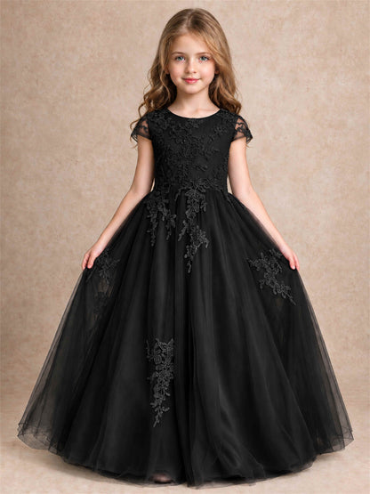 Cap Sleeve Lace Applique Tulle Flower Girl Dress Kids Wedding Party Princess Gown