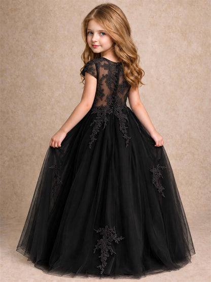 Cap Sleeve Lace Applique Tulle Flower Girl Dress Kids Wedding Party Princess Gown