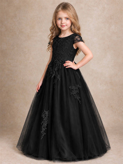 Cap Sleeve Lace Applique Tulle Flower Girl Dress Kids Wedding Party Princess Gown