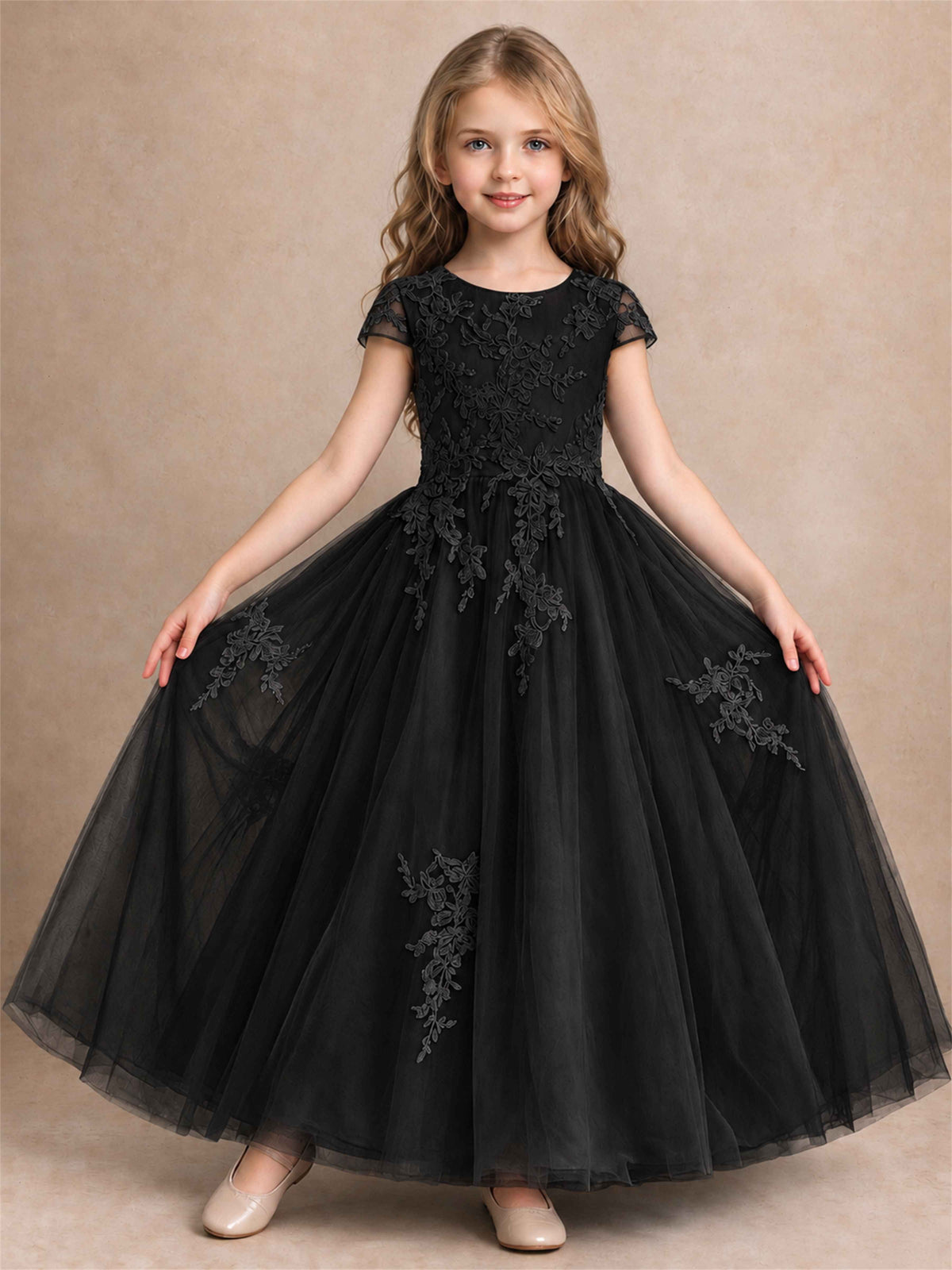 Cap Sleeve Lace Applique Tulle Flower Girl Dress Kids Wedding Party Princess Gown