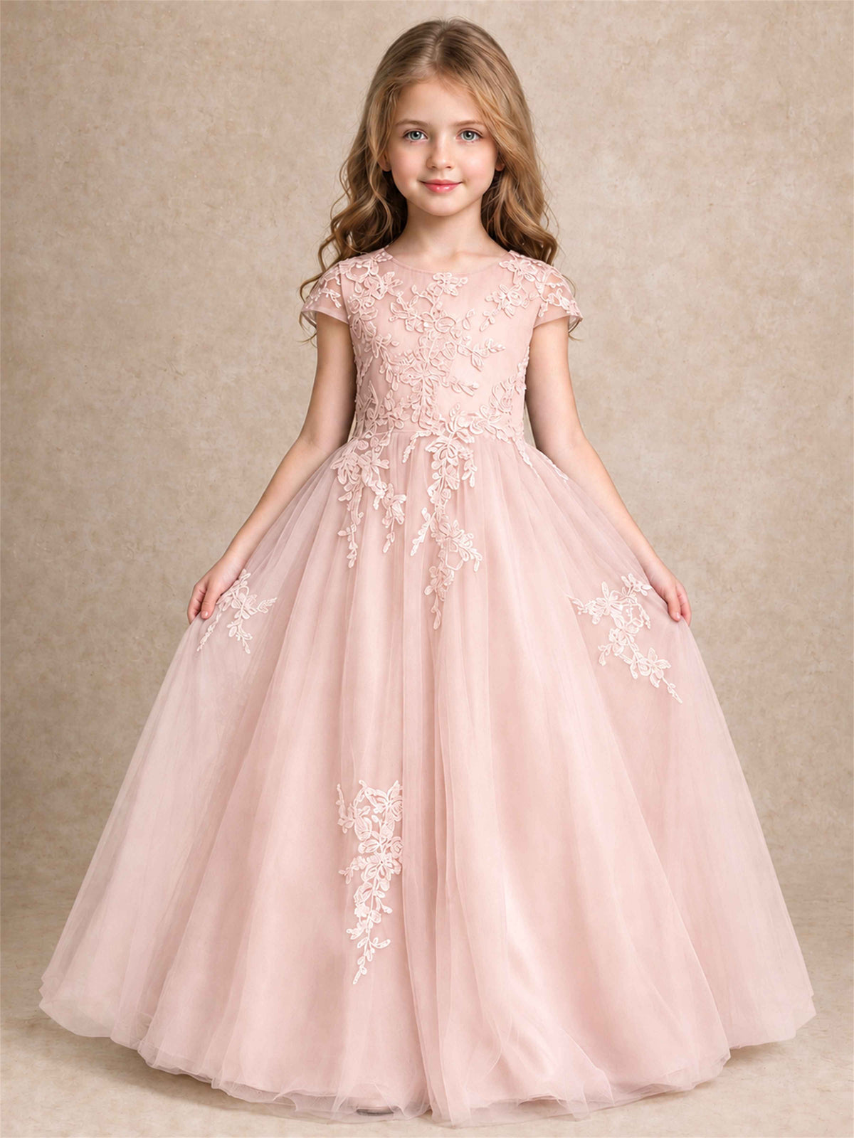 Cap Sleeve Lace Applique Tulle Flower Girl Dress Kids Wedding Party Princess Gown