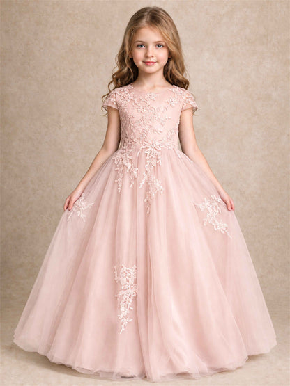 Cap Sleeve Lace Applique Tulle Flower Girl Dress Kids Wedding Party Princess Gown
