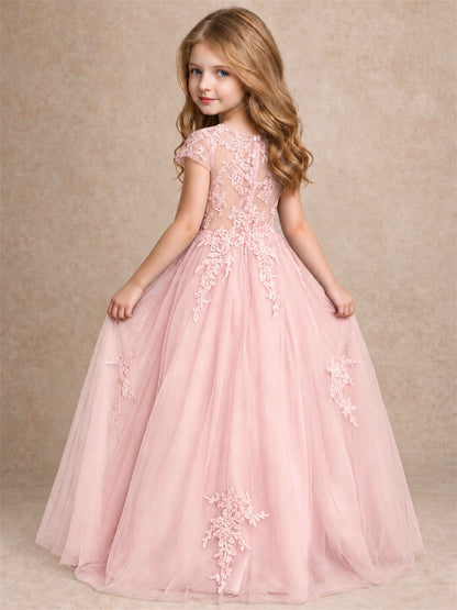Cap Sleeve Lace Applique Tulle Flower Girl Dress Kids Wedding Party Princess Gown