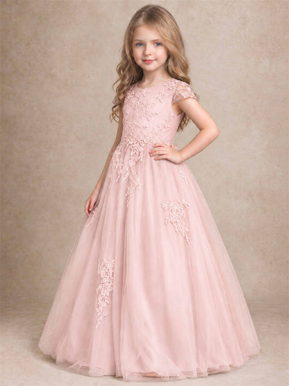 Cap Sleeve Lace Applique Tulle Flower Girl Dress Kids Wedding Party Princess Gown