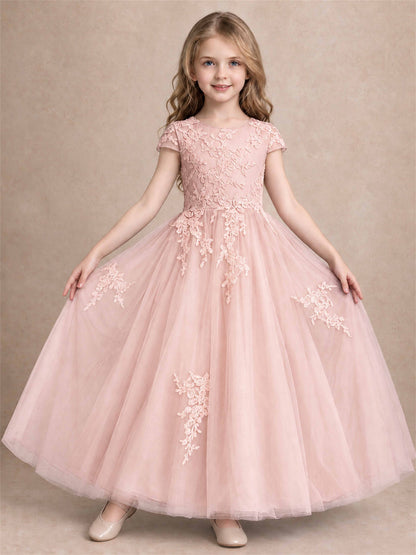 Cap Sleeve Lace Applique Tulle Flower Girl Dress Kids Wedding Party Princess Gown