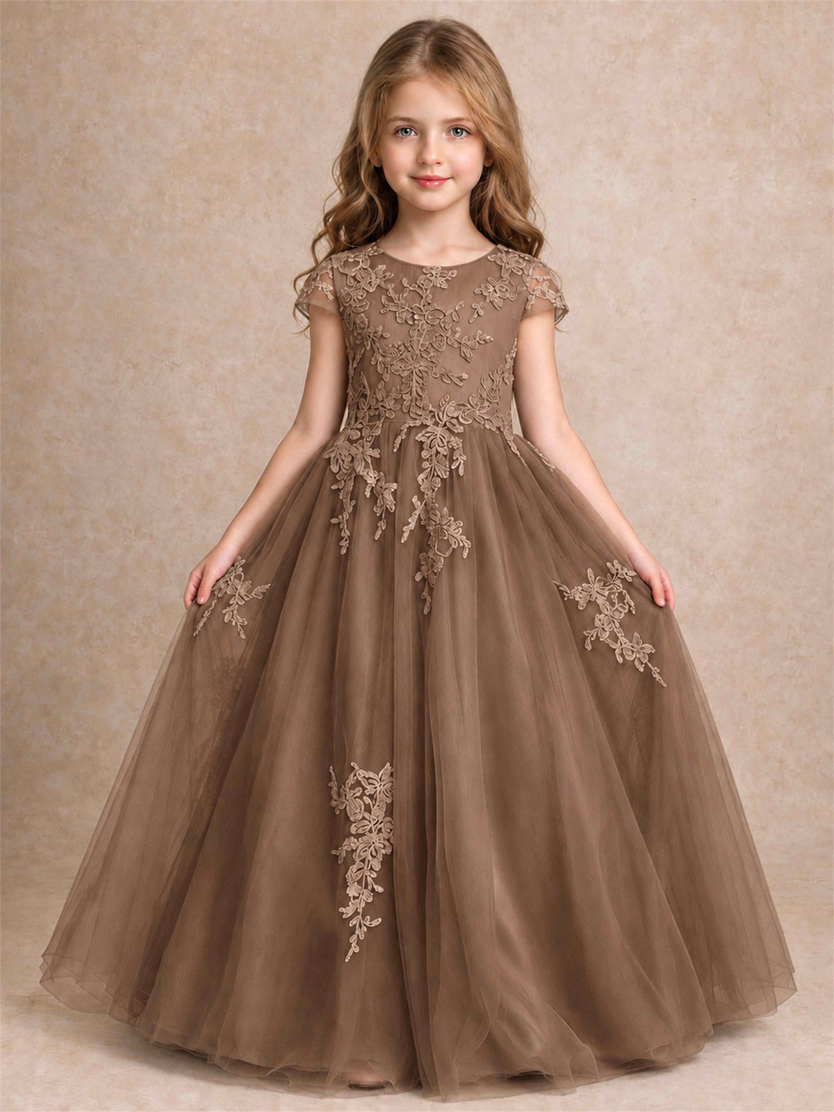 Cap Sleeve Lace Applique Tulle Flower Girl Dress Kids Wedding Party Princess Gown