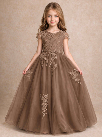 Cap Sleeve Lace Applique Tulle Flower Girl Dress Kids Wedding Party Princess Gown