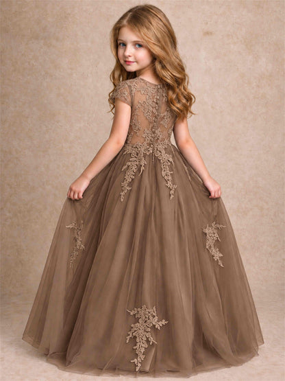 Cap Sleeve Lace Applique Tulle Flower Girl Dress Kids Wedding Party Princess Gown