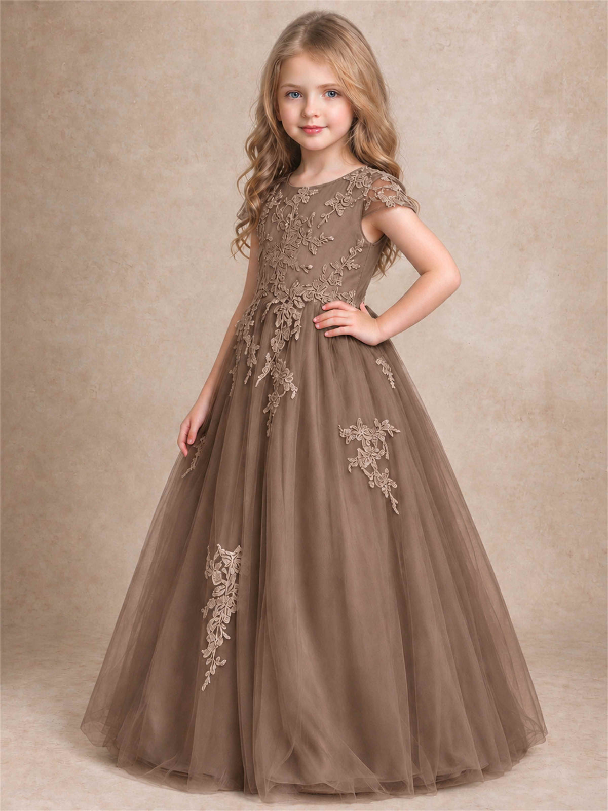 Cap Sleeve Lace Applique Tulle Flower Girl Dress Kids Wedding Party Princess Gown