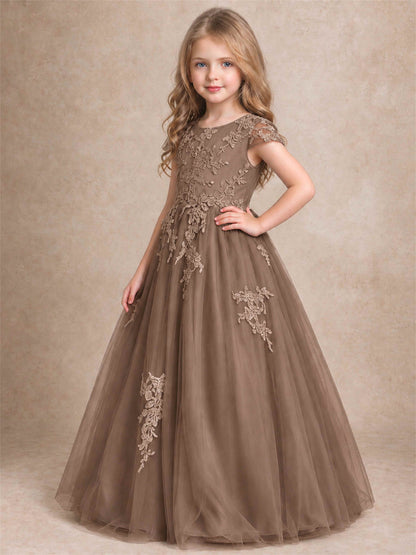 Cap Sleeve Lace Applique Tulle Flower Girl Dress Kids Wedding Party Princess Gown