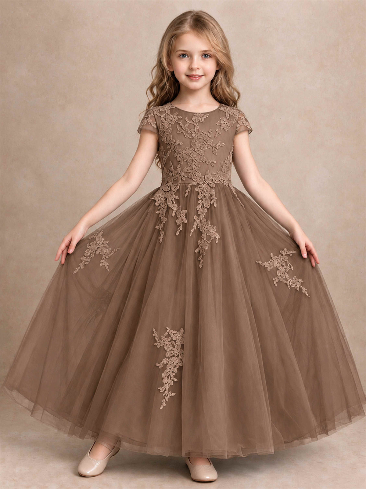 Cap Sleeve Lace Applique Tulle Flower Girl Dress Kids Wedding Party Princess Gown