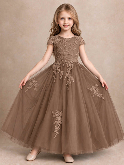 Cap Sleeve Lace Applique Tulle Flower Girl Dress Kids Wedding Party Princess Gown