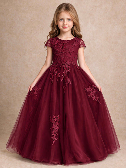 Cap Sleeve Lace Applique Tulle Flower Girl Dress Kids Wedding Party Princess Gown