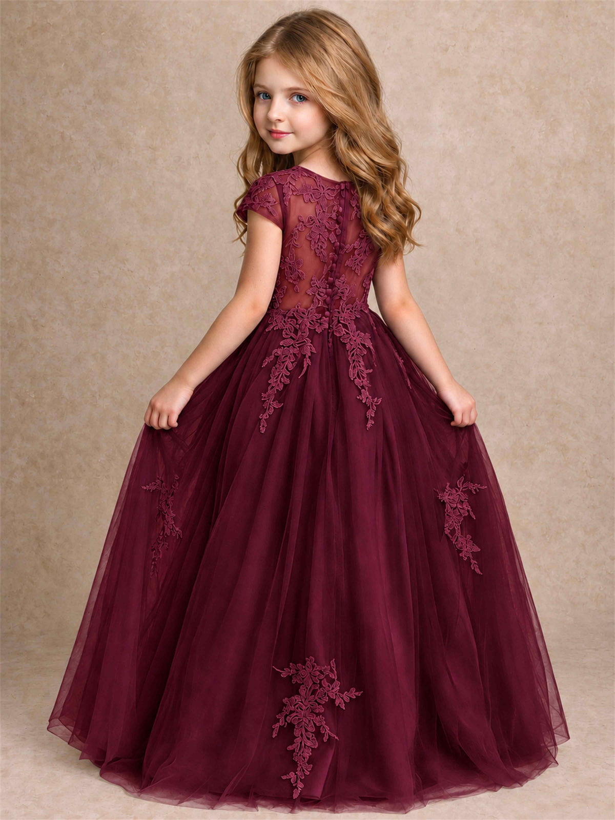 Cap Sleeve Lace Applique Tulle Flower Girl Dress Kids Wedding Party Princess Gown