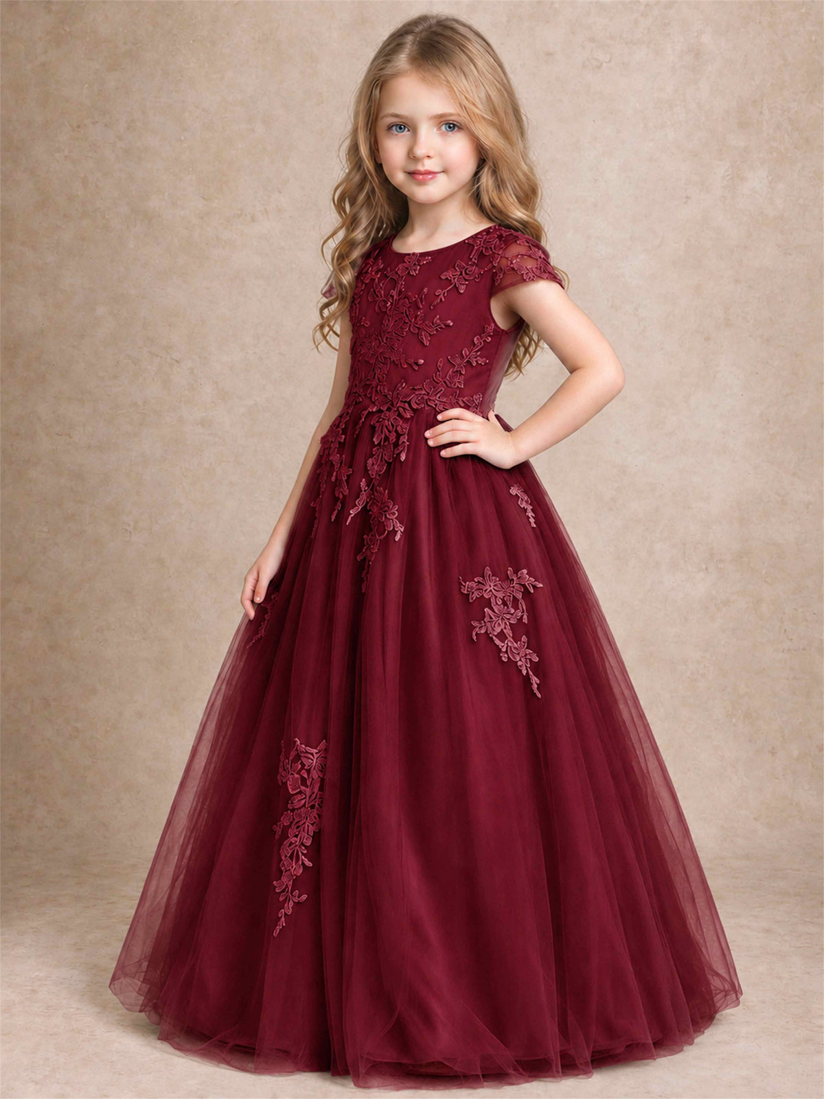 Cap Sleeve Lace Applique Tulle Flower Girl Dress Kids Wedding Party Princess Gown