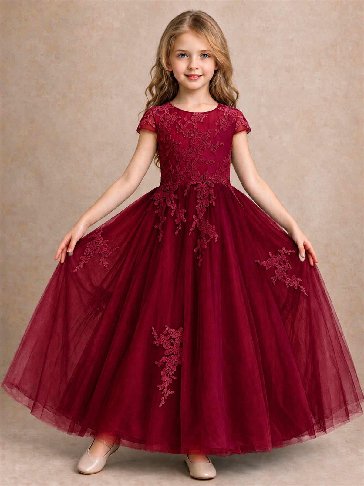 Cap Sleeve Lace Applique Tulle Flower Girl Dress Kids Wedding Party Princess Gown