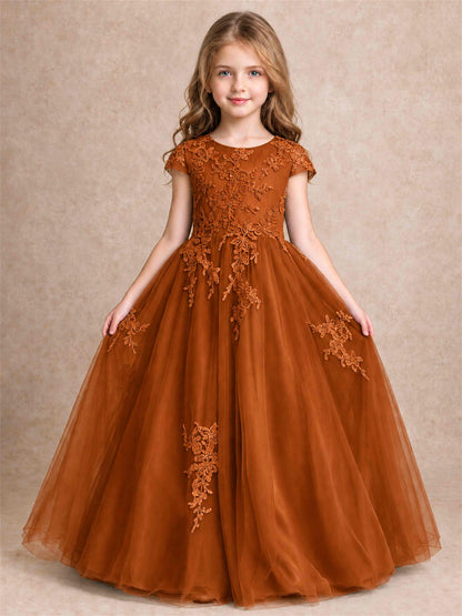 Cap Sleeve Lace Applique Tulle Flower Girl Dress Kids Wedding Party Princess Gown