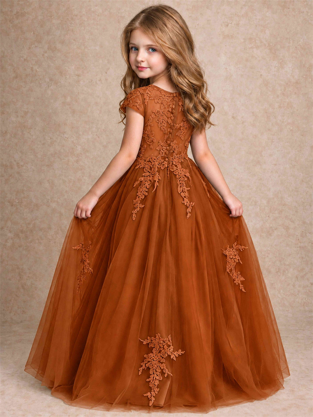 Cap Sleeve Lace Applique Tulle Flower Girl Dress Kids Wedding Party Princess Gown