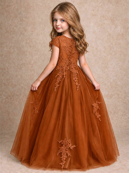Cap Sleeve Lace Applique Tulle Flower Girl Dress Kids Wedding Party Princess Gown
