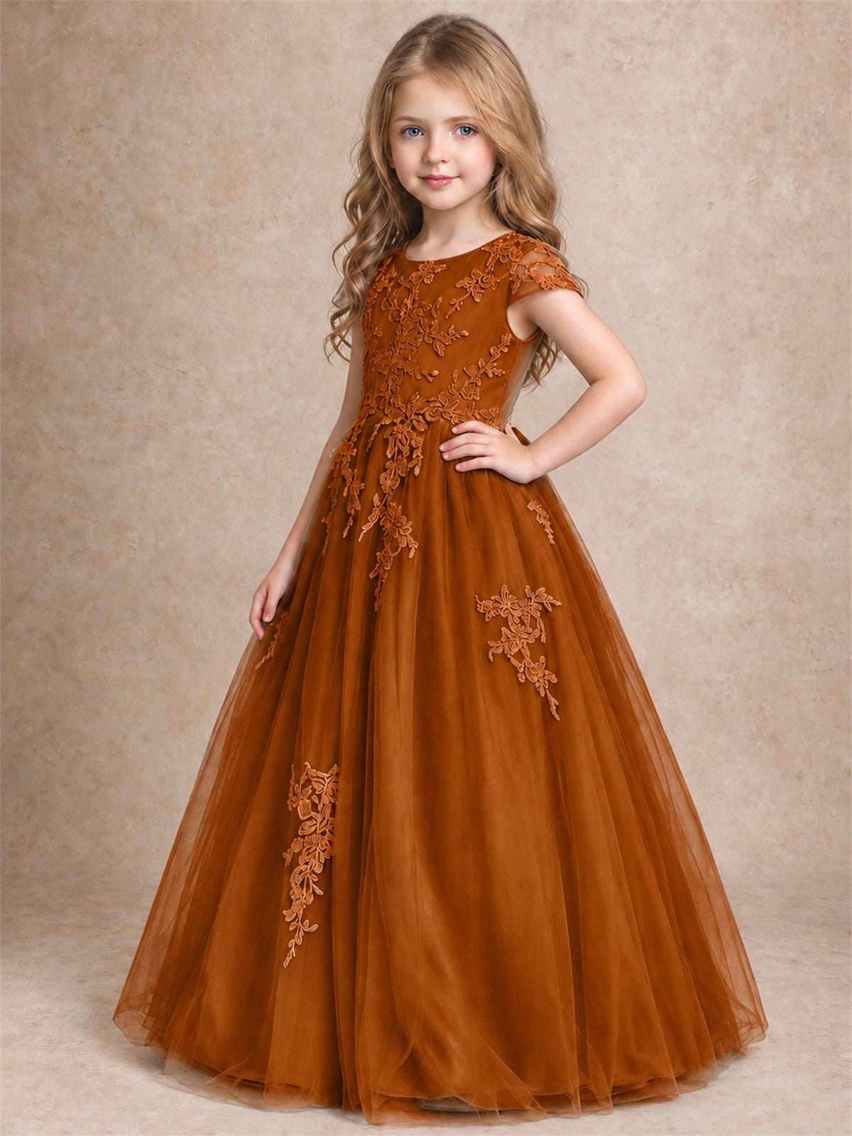 Cap Sleeve Lace Applique Tulle Flower Girl Dress Kids Wedding Party Princess Gown