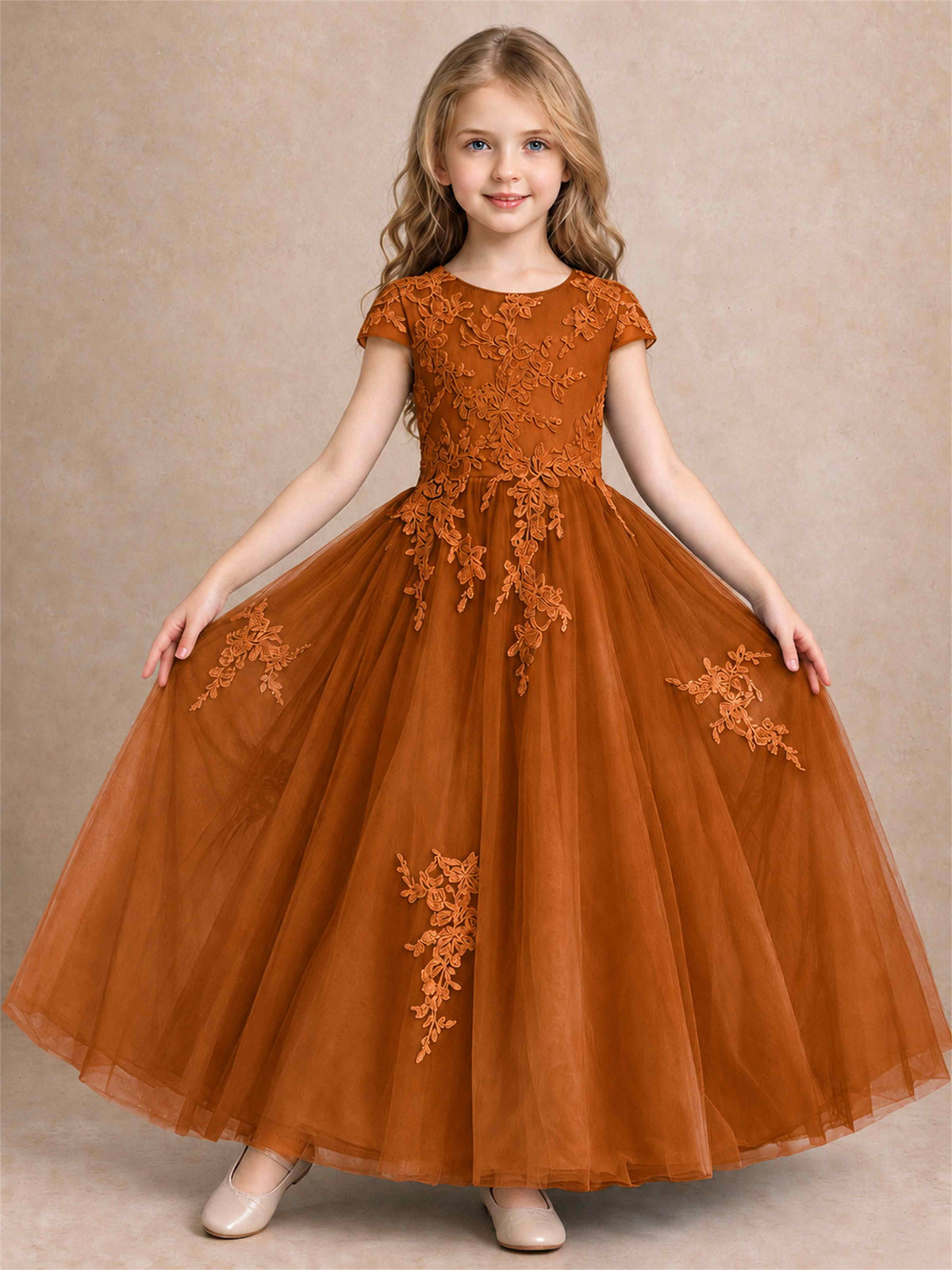 Cap Sleeve Lace Applique Tulle Flower Girl Dress Kids Wedding Party Princess Gown