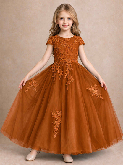 Cap Sleeve Lace Applique Tulle Flower Girl Dress Kids Wedding Party Princess Gown