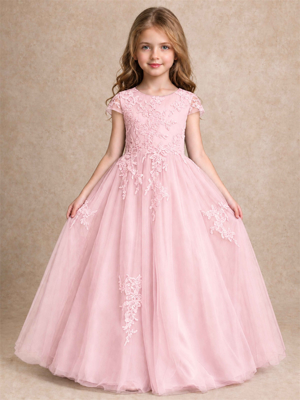 Cap Sleeve Lace Applique Tulle Flower Girl Dress Kids Wedding Party Princess Gown