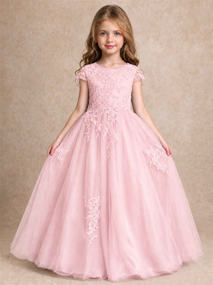 Cap Sleeve Lace Applique Tulle Flower Girl Dress Kids Wedding Party Princess Gown