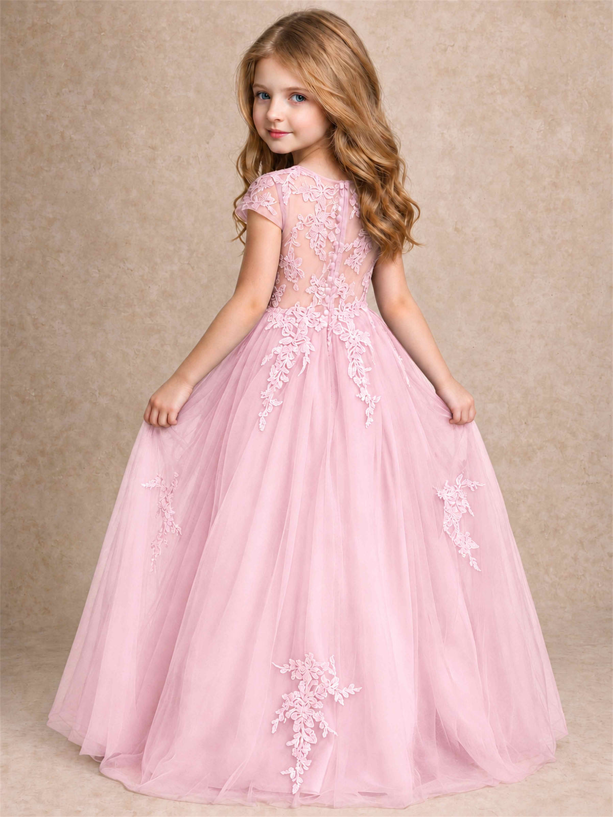 Cap Sleeve Lace Applique Tulle Flower Girl Dress Kids Wedding Party Princess Gown