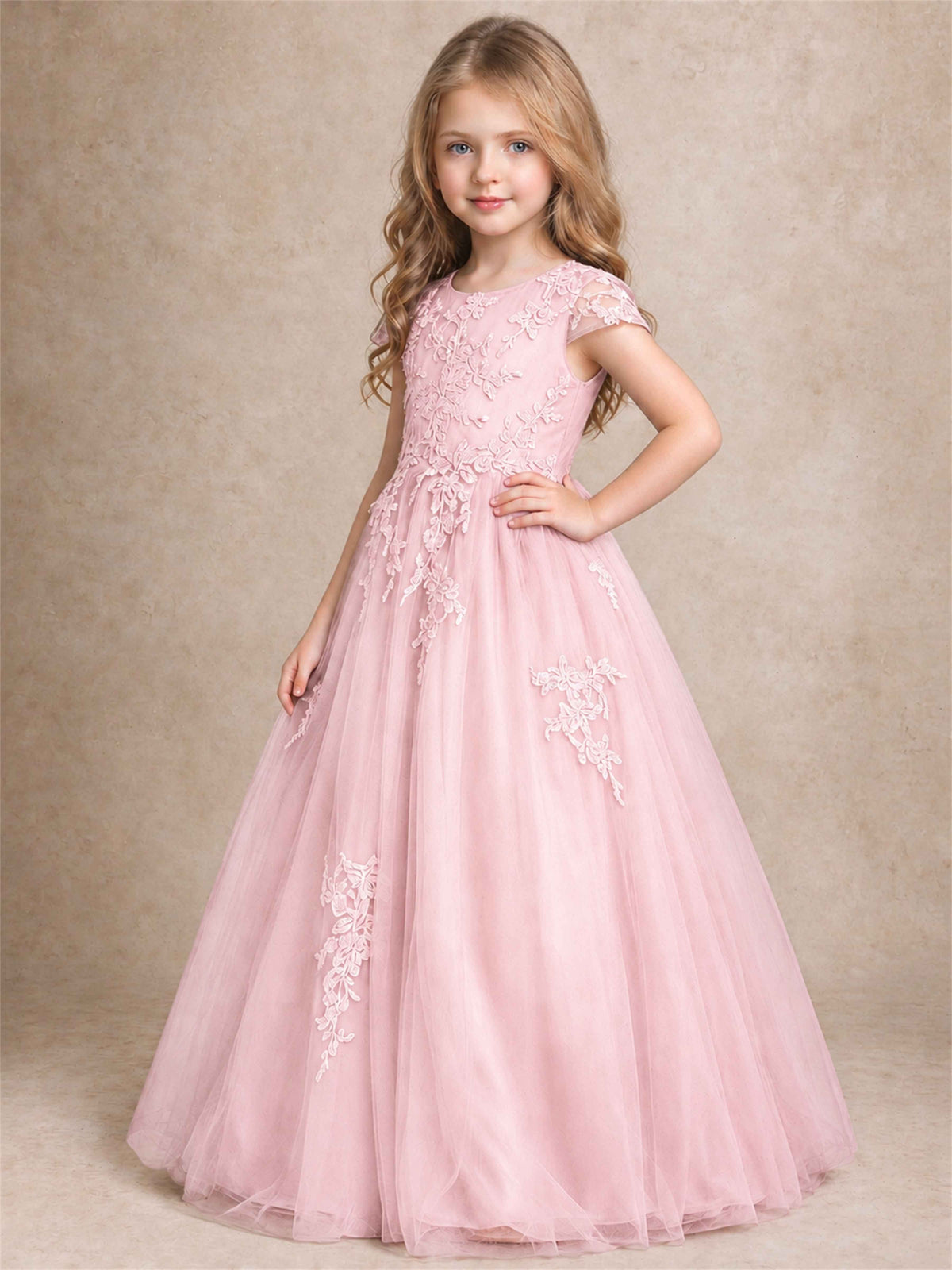 Cap Sleeve Lace Applique Tulle Flower Girl Dress Kids Wedding Party Princess Gown