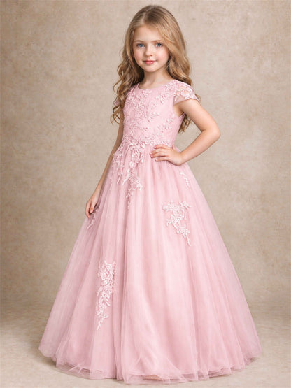 Cap Sleeve Lace Applique Tulle Flower Girl Dress Kids Wedding Party Princess Gown