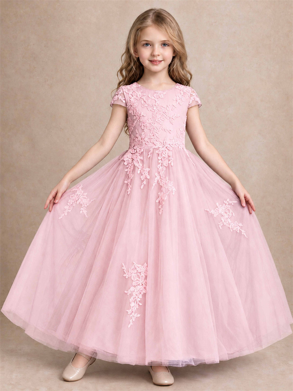 Cap Sleeve Lace Applique Tulle Flower Girl Dress Kids Wedding Party Princess Gown