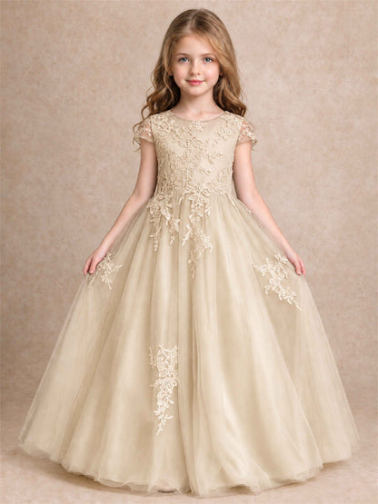 Cap Sleeve Lace Applique Tulle Flower Girl Dress Kids Wedding Party Princess Gown