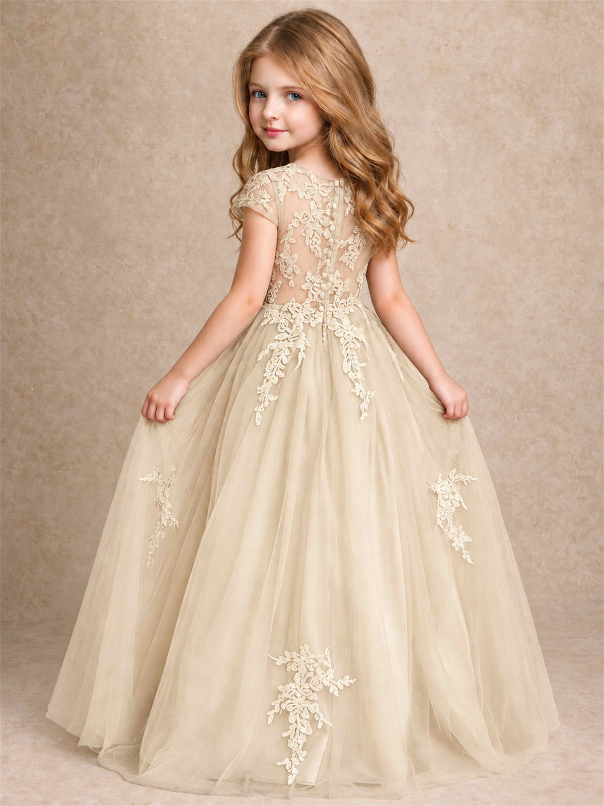 Cap Sleeve Lace Applique Tulle Flower Girl Dress Kids Wedding Party Princess Gown