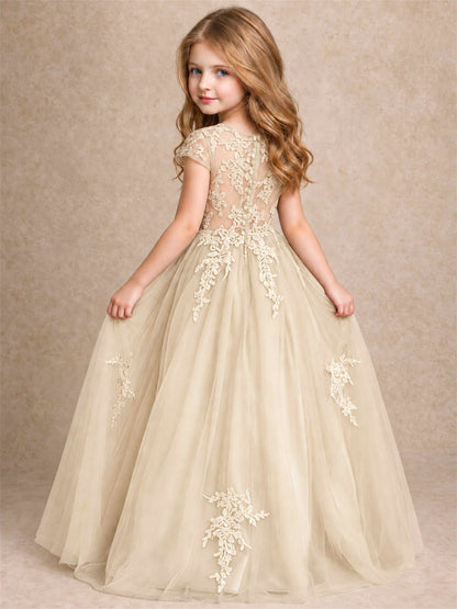 Cap Sleeve Lace Applique Tulle Flower Girl Dress Kids Wedding Party Princess Gown