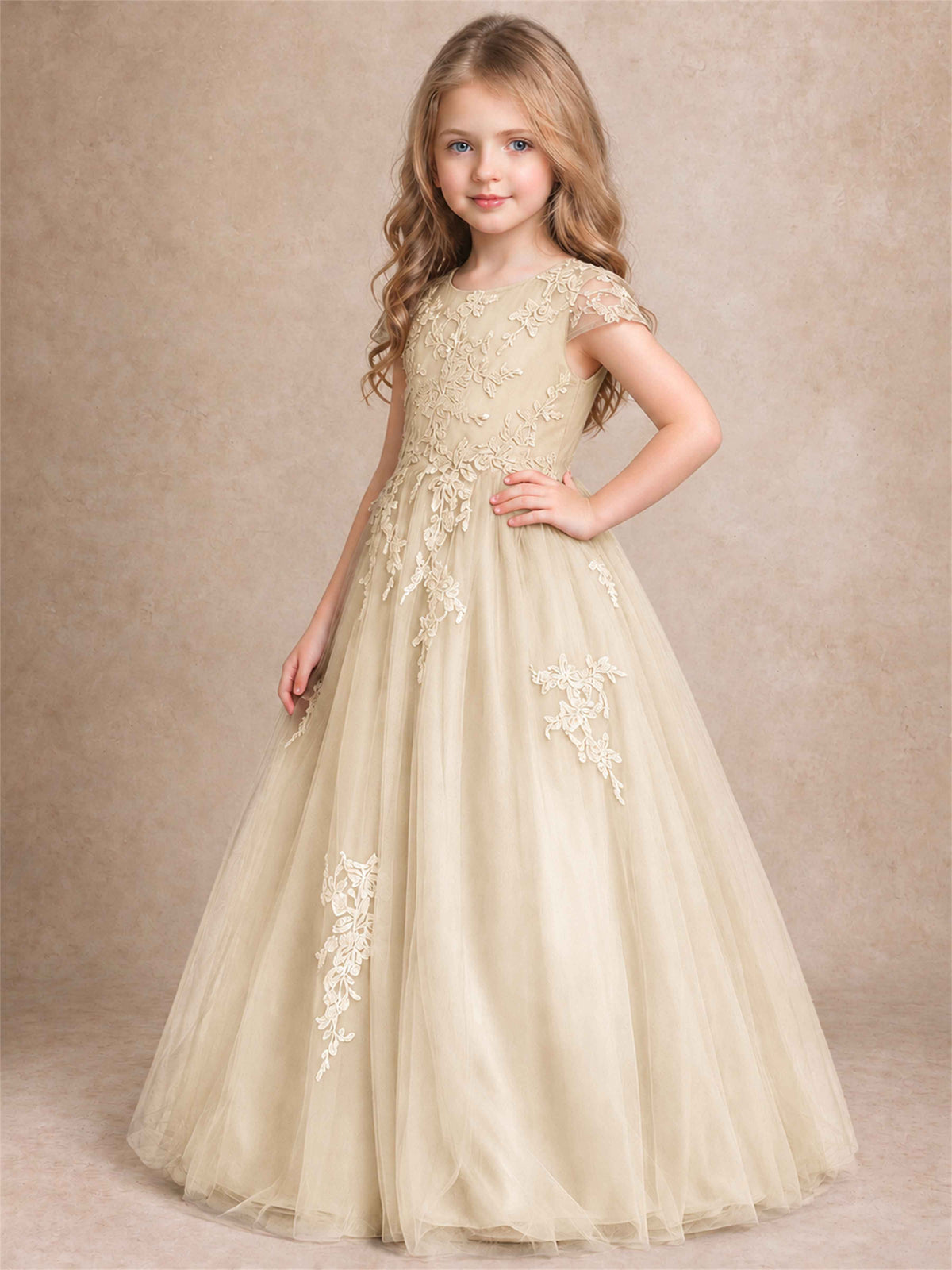 Cap Sleeve Lace Applique Tulle Flower Girl Dress Kids Wedding Party Princess Gown